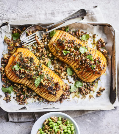 Hasselback Squash With Walnut Crumb